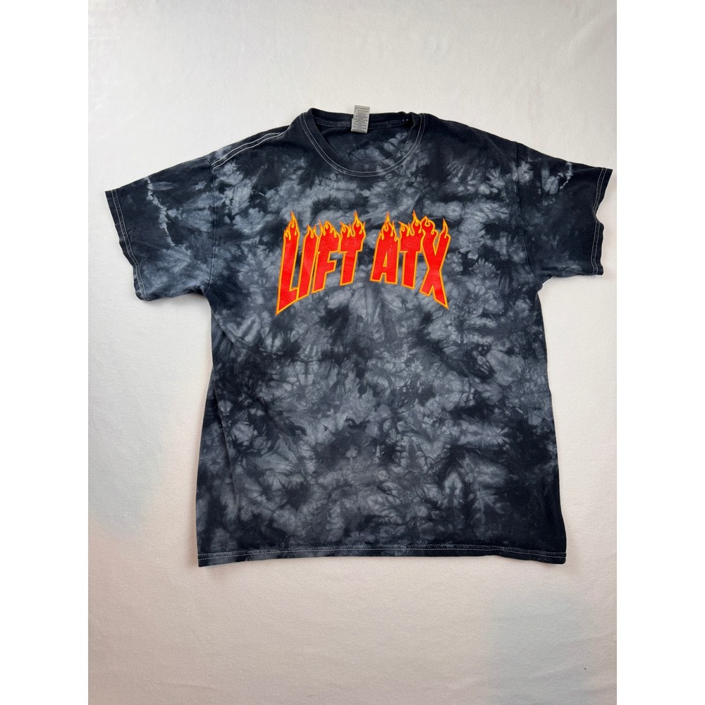 LIFT‎ ATX Women's Large Black Gray Tie Dye Flame Logo Graphic T-Shirt Cotton Tee